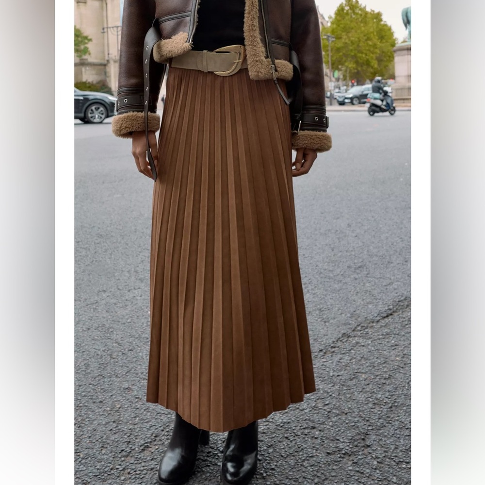 ZARA SUEDE EFFECT PLEATED MIDI SKIRT WITH BELT